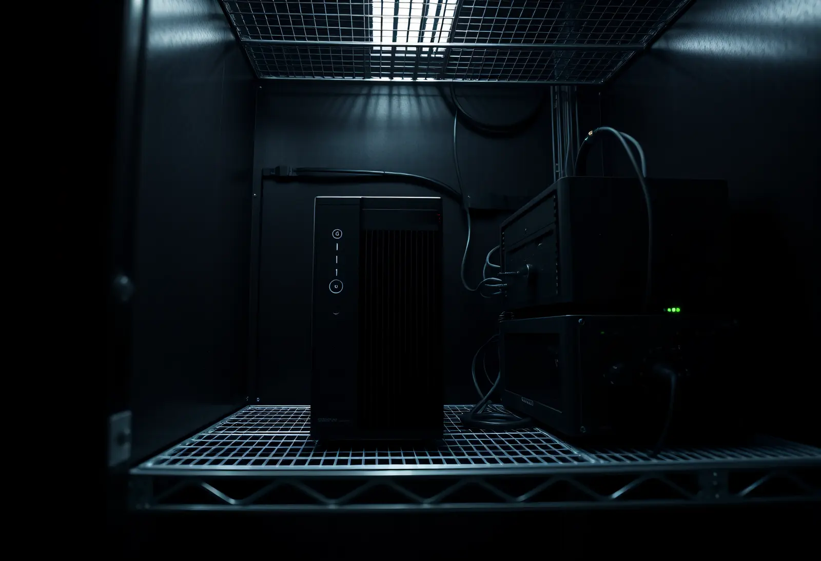 A small tower computer and network gear on a shelf in a dark closet, lit by a sliver of light from the door.