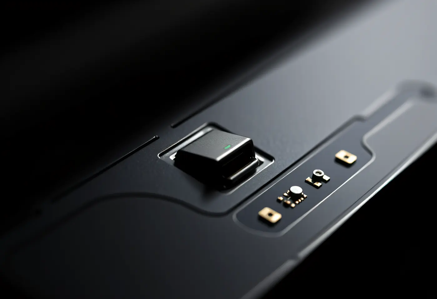 Close-up of a black circuit board edge with a metal video socket.