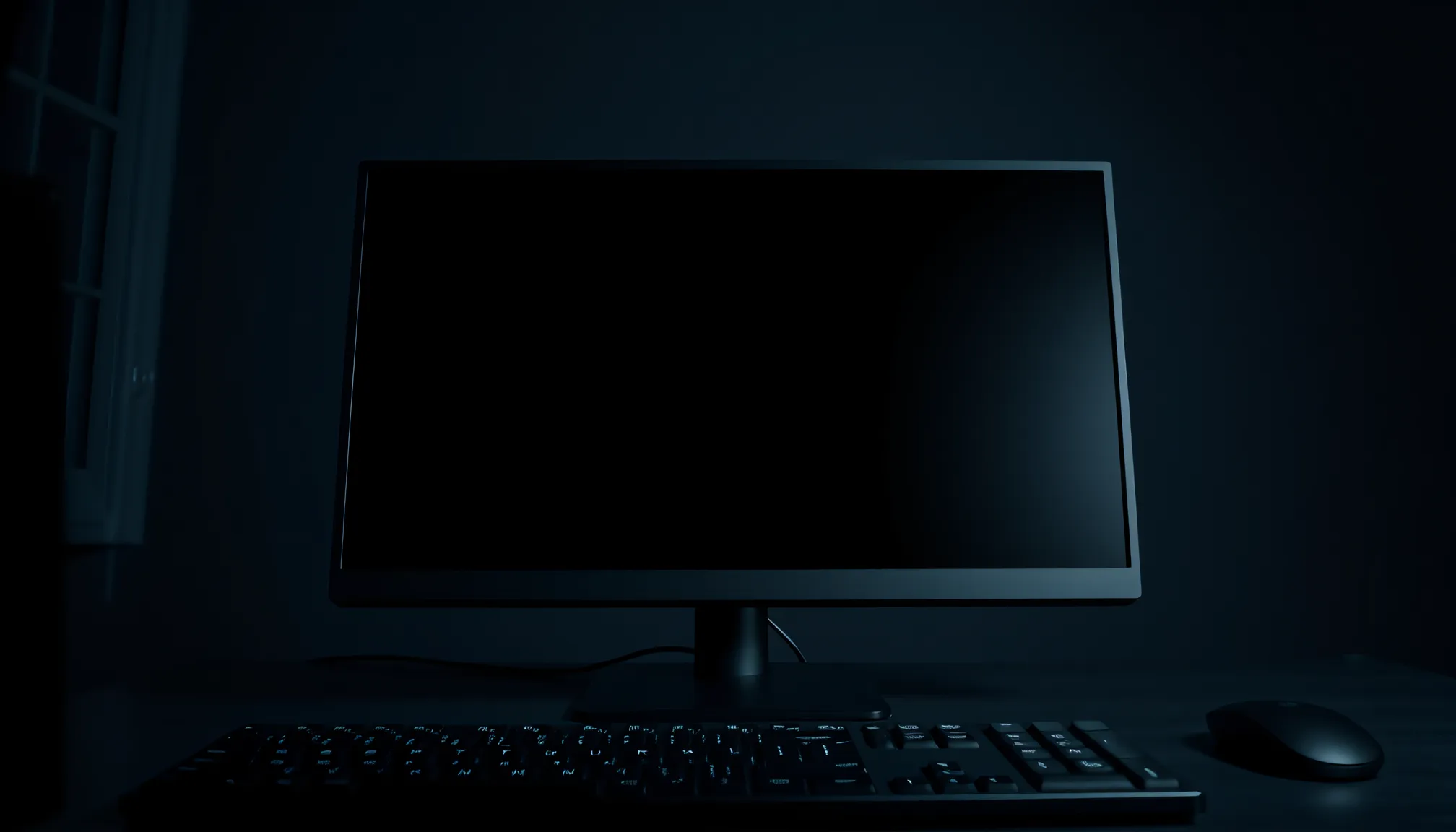 A black monitor on a desk in a dark room.